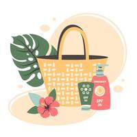 été clipart. tropical paysage marin avec plage accessoires. Soleil baignade, crème solaire, mode plage sac, paume feuilles. plage articles pour été relaxant. été éléments pour en bonne santé sûr bronzage. vecteur