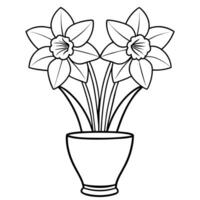jonquille fleur sur le vase contour illustration coloration livre page conception, jonquille fleur sur le vase noir et blanc ligne art dessin coloration livre pages pour les enfants et adultes vecteur