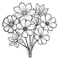 cosmos fleur bouquet contour illustration coloration livre page conception, cosmos fleur bouquet noir et blanc ligne art dessin coloration livre pages pour les enfants et adultes vecteur