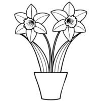 jonquille fleur sur le vase contour illustration coloration livre page conception, jonquille fleur sur le vase noir et blanc ligne art dessin coloration livre pages pour les enfants et adultes vecteur