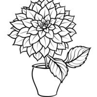 dahlia fleur sur le vase contour illustration coloration livre page conception, dahlia fleur sur le vase noir et blanc ligne art dessin coloration livre pages pour les enfants et adultes vecteur