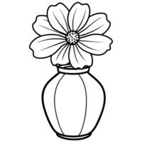 cosmos fleur sur le vase contour illustration coloration livre page conception, cosmos fleur sur le vase noir et blanc ligne art dessin coloration livre pages pour les enfants et adultes vecteur