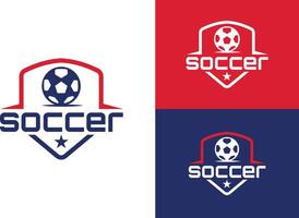 badge bouclier symbole conception modèle avec Football et étoiles des sports équipe identité illustration isolé sur blanc rouge et bleu Contexte vecteur