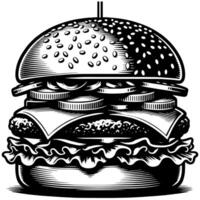 noir et blanc illustration de une savoureux grillé cheeseburger vecteur