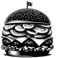 noir et blanc illustration de une savoureux grillé cheeseburger vecteur