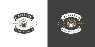 Sushi logo et badge Japonais nourriture restaurant avec Sushi Saumon rouleau asiatique cuisine silhouette illustration vecteur