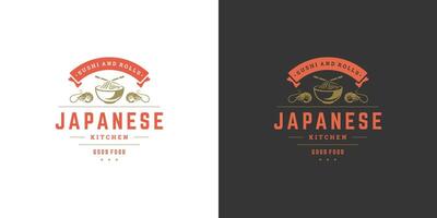 Sushi logo et badge Japonais nourriture restaurant avec ramen nouille soupe asiatique cuisine silhouette illustration vecteur