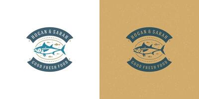 Fruit de mer logo ou signe illustration poisson marché et restaurant emblème modèle conception thon poisson silhouette vecteur