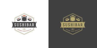 Sushi logo et badge Japonais nourriture restaurant avec Sushi Saumon rouleau asiatique cuisine silhouette illustration vecteur