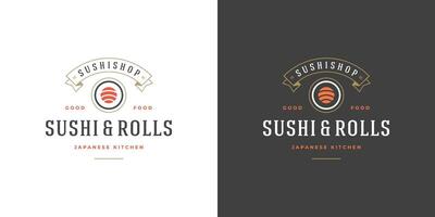 Sushi logo et badge Japonais nourriture restaurant avec Sushi Saumon rouleau asiatique cuisine silhouette illustration vecteur