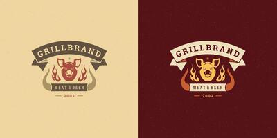 barbecue logo illustration gril steak maison ou un barbecue restaurant menu emblème porc tête silhouette vecteur