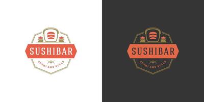 Sushi logo et badge Japonais nourriture restaurant avec Sushi Saumon rouleau asiatique cuisine silhouette illustration vecteur