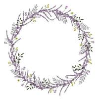 couronne de vecteur de fleurs et d'herbes du jardin. illustration de style dessin animé dessiné à la main. joli cadre d'été ou de printemps pour la conception de mariage, de vacances ou de carte