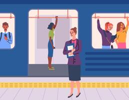 dessin animé Couleur personnages gens et métro station avec train concept vecteur