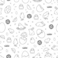 motif transparent noir et blanc avec des poussins à couver, des lapins, des œufs. fond de style dessin animé mignon. toile de fond de griffonnage dessiné à la main pour pâques. illustration des enfants vecteur