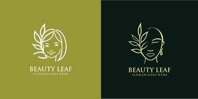 beauté feuille logo modèle, feuille avec femmes visage logo conception concept, eps dix pro illustration. vecteur