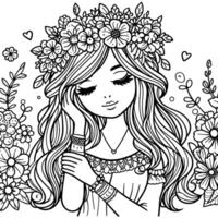 coloration livre magnifique fille avec couronne de fleurs et cœurs. illustration vecteur