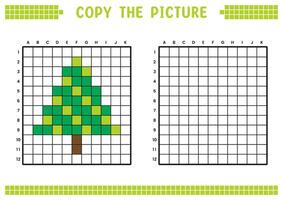 copie le image, Achevée le la grille image. éducatif feuilles de travail dessin avec carrés, coloration cellule domaines. enfants préscolaire activités. dessin animé, pixel art. sapin arbre illustration. vecteur