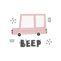 jolie voiture et lettrage bip. transports amusants. illustration vectorielle de dessin animé dans un style scandinave enfantin simple dessiné à la main pour les enfants. vecteur