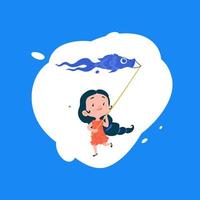 une fille lance un cerf-volant en forme de poisson. vecteur. air et eau. boutique d'articles et jouets pour enfants. vecteur