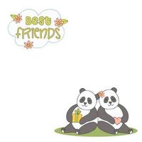 animaux mignons dessinés à la main avec lettrage. jumeaux panda avec cadeau, coeur, fleur et feuilles. meilleurs amis. fond blanc. vecteur. vecteur