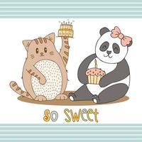 animaux mignons dessinés à la main avec lettrage. chat, panda avec gâteau et cupcake avec bougie. meilleurs amis. Si charmant. fond blanc. vecteur. vecteur