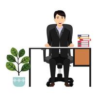joli personnage indépendant d'homme d'affaires assis sur un bureau avec une chaise de bureau moderne et une armoire à tiroirs avec un dossier et des plantes d'intérieur vecteur