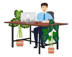 joli personnage indépendant d'homme d'affaires situé sur un bureau avec une chaise de bureau moderne et une table avec un ordinateur pc avec des plantes d'intérieur vecteur