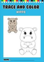 trace et colorie l'hippopotame. personnage de dessin animé animal hippopotame mignon. vecteur