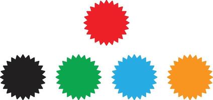 coloré sunburst badge icône ensemble isolé sur blanc Contexte . starburst coloré étiquette dans noir, rouge, vert, bleu et Orange . illustration vecteur