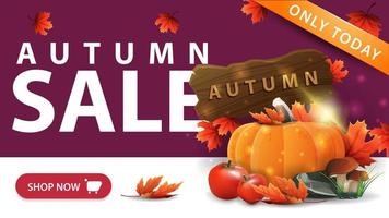 vente d'automne, bannière de remise violette moderne avec bouton, récolte de légumes et panneau en bois vecteur