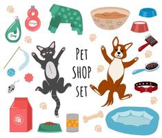 animal de compagnie magasin ensemble de illustrations. dessin animé chien et chat. animal de compagnie des produits - animal de compagnie nourriture, des lits, jouets, boules, vêtements etc. vecteur