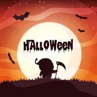 affiche halloween avec un garçon déguisé en silhouette de mort vecteur
