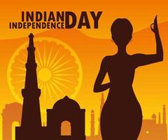fête de l'indépendance indienne avec silhouette de femme et mosquée vecteur