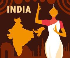 affiche de la fête de l'indépendance indienne avec femme et carte vecteur