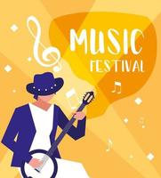 affiche du festival de musique avec un homme jouant du banjo vecteur