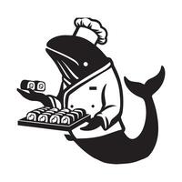 illustration de une Sushi chef baleine avec une Sushi plat dans noir et blanc vecteur