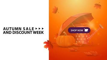 vente d'automne et semaine de remise, bannière web horizontale de remise orange avec arrosoir de jardin, parapluie et citrouille mûre vecteur