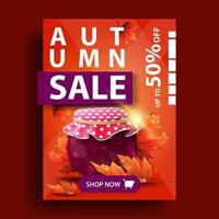 vente d'automne, bannière de remise orange verticale avec pot de confiture et feuilles d'érable vecteur