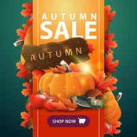 vente d'automne, bannière web avec ruban, récolte de légumes et panneau en bois vecteur