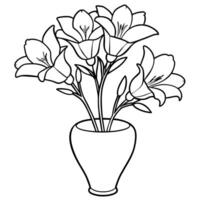 freesia fleur sur le vase contour illustration coloration livre page conception, freesia fleur sur le vase noir et blanc ligne art dessin coloration livre pages pour les enfants et adultes vecteur