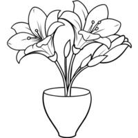 freesia fleur sur le vase contour illustration coloration livre page conception, freesia fleur sur le vase noir et blanc ligne art dessin coloration livre pages pour les enfants et adultes vecteur