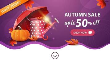 vente d'automne, modèle de bannière web violet avec bouton, arrosoir de jardin, parapluie et citrouille mûre vecteur