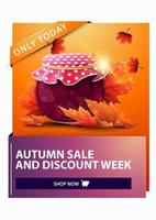vente d'automne, bannière web verticale à prix réduit avec pot de confiture et feuilles d'érable vecteur