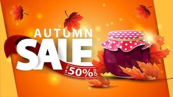 vente d'automne, bannière web orange avec pot de confiture et feuilles d'érable vecteur