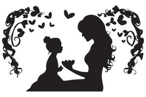 silhouettes de une Jeune femme avec une bébé et cœurs sur une Contexte vecteur
