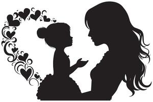 silhouettes de une Jeune femme avec une bébé et cœurs sur une Contexte vecteur