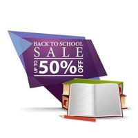 bannière de remise géométrique violette moderne à la rentrée avec des manuels scolaires et un cahier vecteur