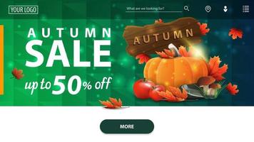vente d'automne, bannière web horizontale verte moderne avec récolte de légumes et panneau en bois vecteur