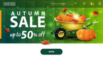 vente d'automne, bannière web horizontale verte moderne avec brouette de jardin avec une récolte de citrouilles et de feuilles d'automne vecteur